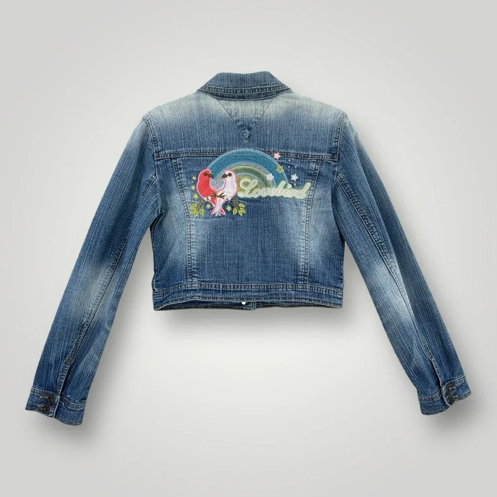 VTG 2005 Tommy Jeans Denim Cropped Jacket Womans M Love Birds Embroidery on Back